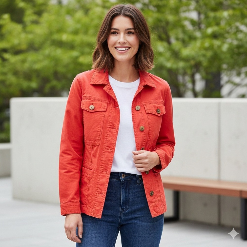 Cabi Red Utility Jacket Ruffle Back Button Front Red Cotton Casual - Size S